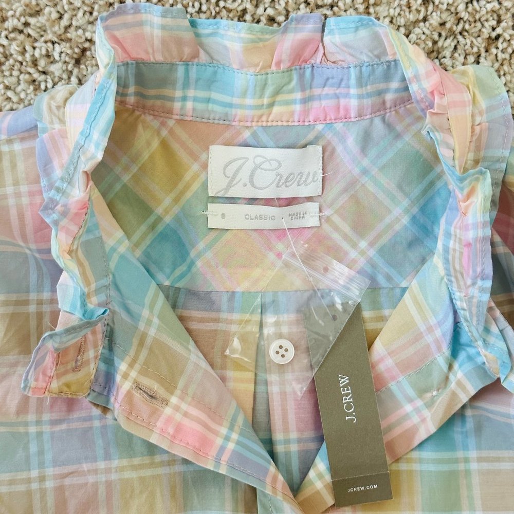 🌈 New 🌈 J Crew Classic-Fit Cotton-Silk Voile Ruffleneck Shirt in Pastel Plaid - Picture 10 of 13